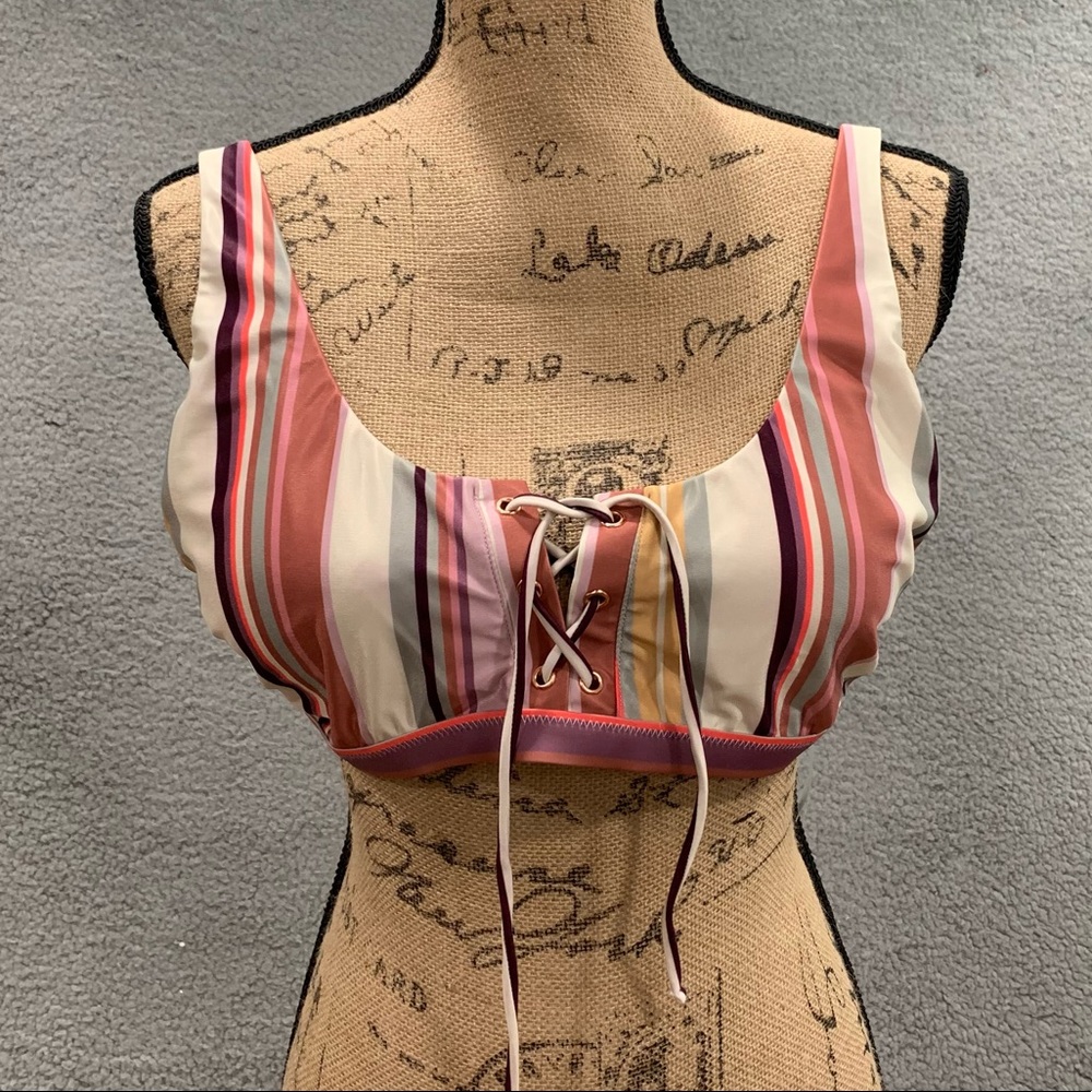 Alyned Together Stripped Lace Up Colorful Padded Bralette Bikini Swim Top Size L